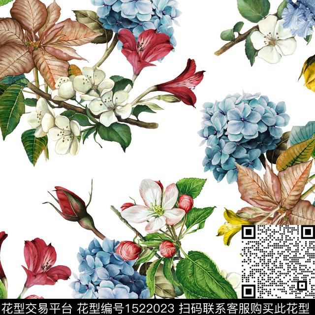 水彩复古花卉数码印花花型下载（图片编号: 1522023） - 瓦栏（Walan）