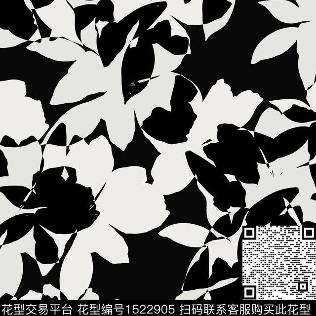 黑白花卉3.jpg - 1522905 - 连衣裙 黑白花型 花卉 - 数码印花花型 － 女装花型设计 － 瓦栏
