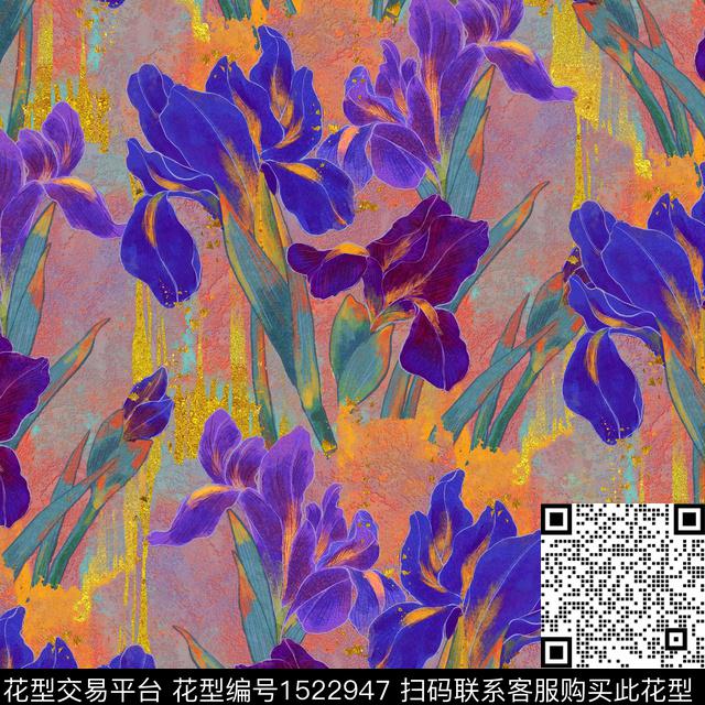 鸢尾花重彩中国风数码印花花型下载（图片编号: 1522947） - 瓦栏（Walan）