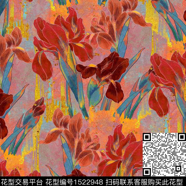 梅花鸢尾花油画花型数码印花花型下载（图片编号: 1522948） - 瓦栏（Walan）