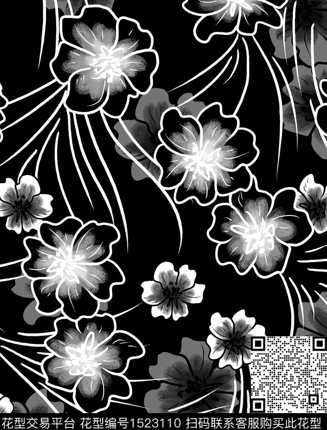 连衣裙黑白花型女装数码印花花型下载（图片编号: 1523110） - 瓦栏（Walan）