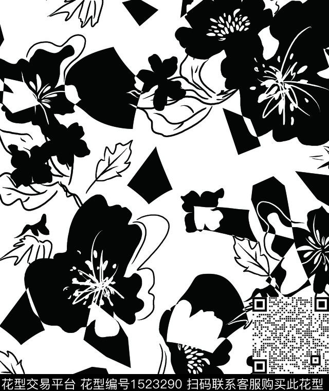 黑白花型女装花卉数码印花花型下载（图片编号: 1523290） - 瓦栏（Walan）