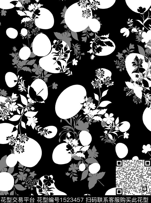 黑白花型女装花卉数码印花花型下载（图片编号: 1523457） - 瓦栏（Walan）