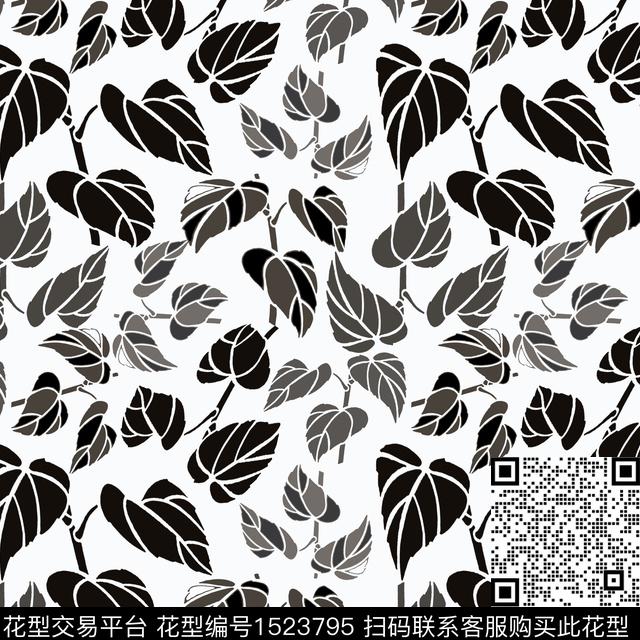 绿植树叶黑白花型花卉传统印花花型下载（图片编号: 1523795） - 瓦栏（Walan）