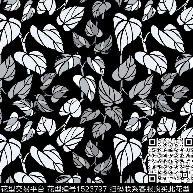 20221219-黑白花卉-1-00.jpg - 1523797 - 绿植树叶 黑白花型 花卉 - 传统印花花型 － 女装花型设计 － 瓦栏