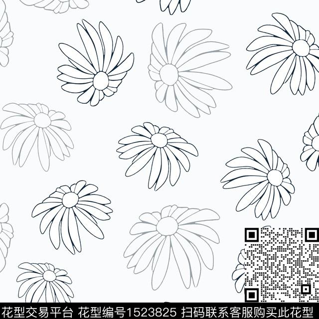绿植树叶黑白花型花卉传统印花花型下载（图片编号: 1523825） - 瓦栏（Walan）