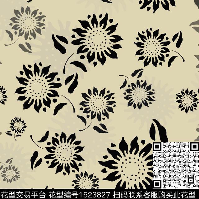 向日葵黑白花型花卉传统印花花型下载（图片编号: 1523827） - 瓦栏（Walan）