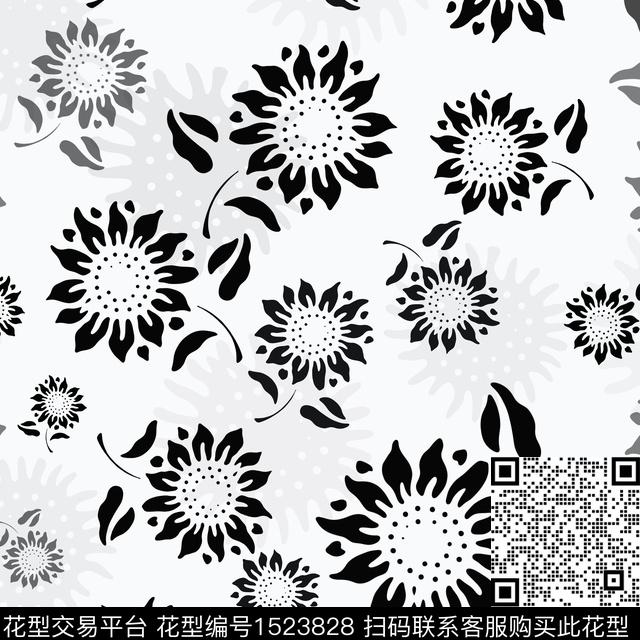 向日葵黑白花型花卉传统印花花型下载（图片编号: 1523828） - 瓦栏（Walan）