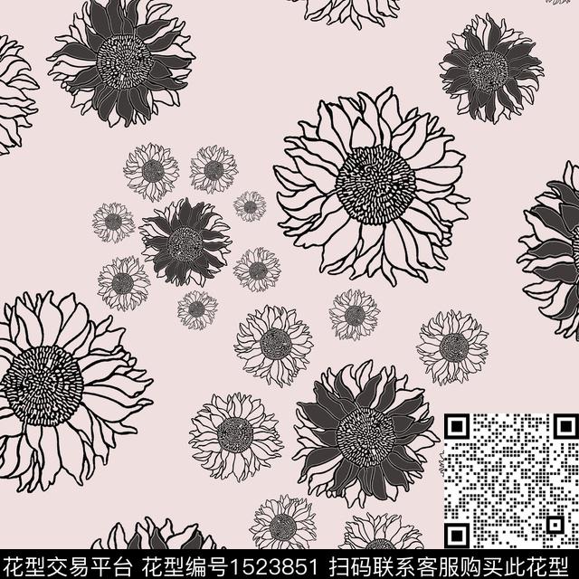 向日葵黑白花型花卉传统印花花型下载（图片编号: 1523851） - 瓦栏（Walan）