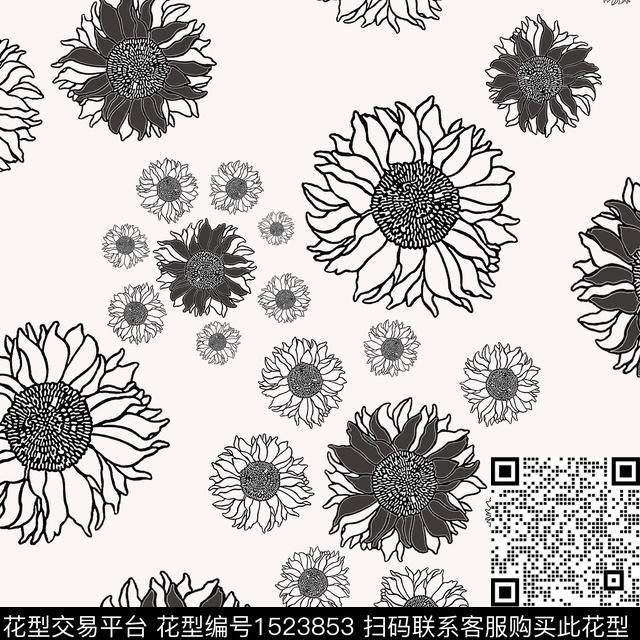 20221219-黑白花卉-4-00.jpg - 1523853 - 向日葵 黑白花型 花卉 - 传统印花花型 － 女装花型设计 － 瓦栏