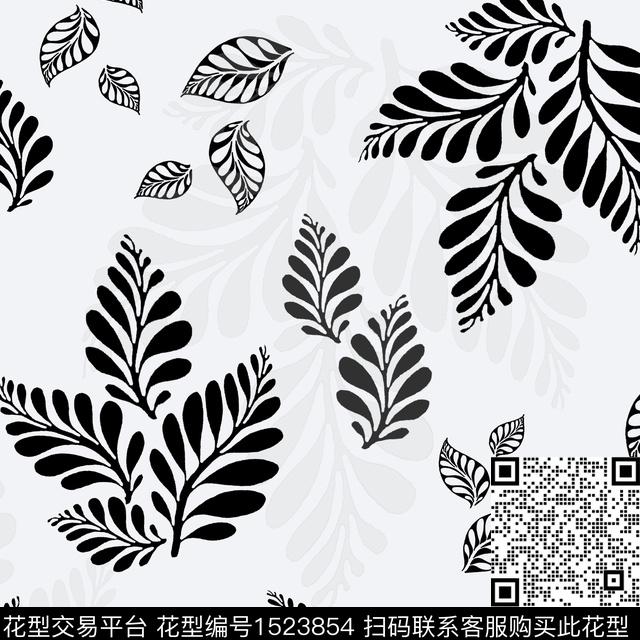 绿植树叶黑白花型花卉传统印花花型下载（图片编号: 1523854） - 瓦栏（Walan）