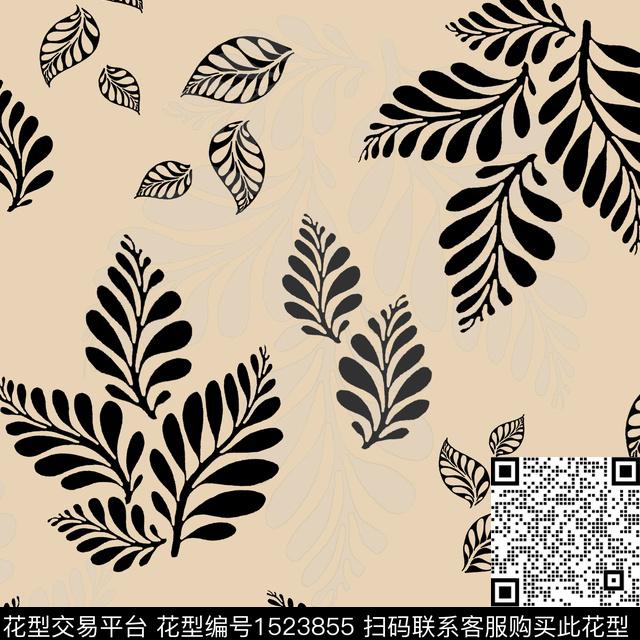 绿植树叶黑白花型花卉传统印花花型下载（图片编号: 1523855） - 瓦栏（Walan）
