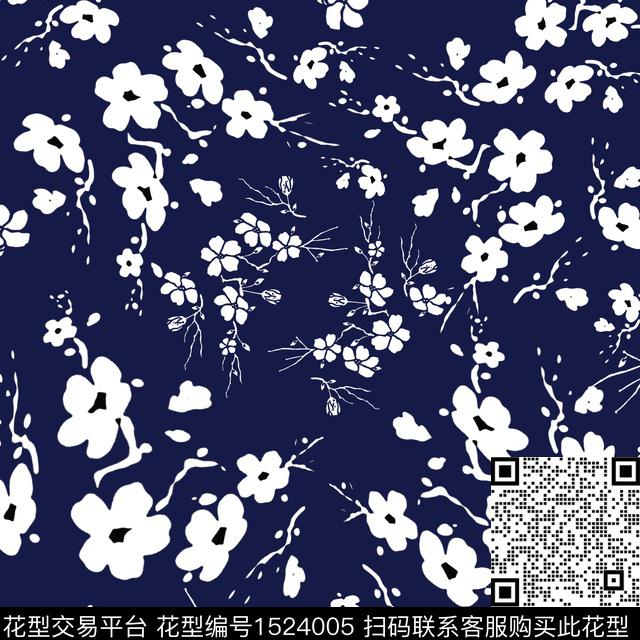 黑白花型花卉小碎花传统印花花型下载（图片编号: 1524005） - 瓦栏（Walan）