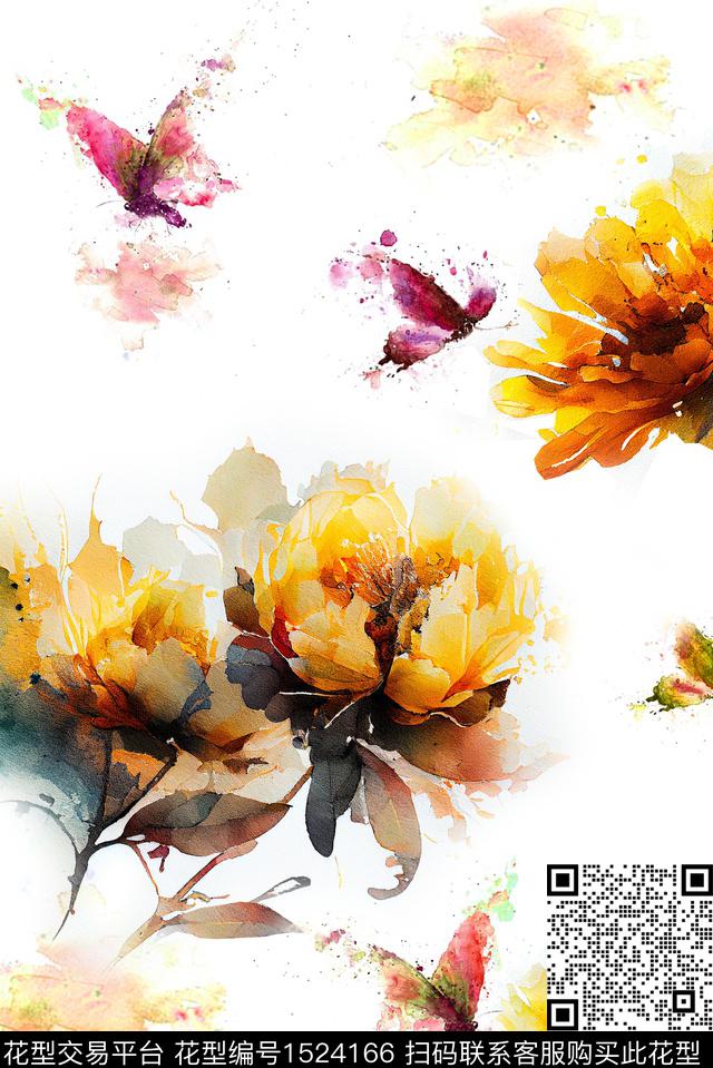 水彩花卉1.jpg - 1524166 - 花卉 橙色 时尚 - 数码印花花型 － 女装花型设计 － 瓦栏