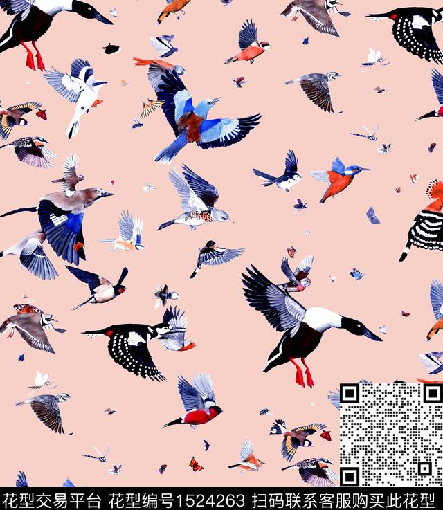 鹦鹉孔雀鸟数码印花花型下载（图片编号: 1524263） - 瓦栏（Walan）