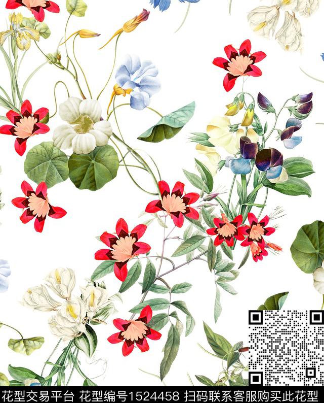 复古花卉白底花数码印花花型下载（图片编号: 1524458） - 瓦栏（Walan）