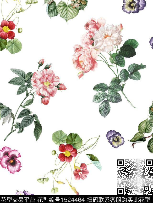 复古花卉白底花数码印花花型下载（图片编号: 1524464） - 瓦栏（Walan）