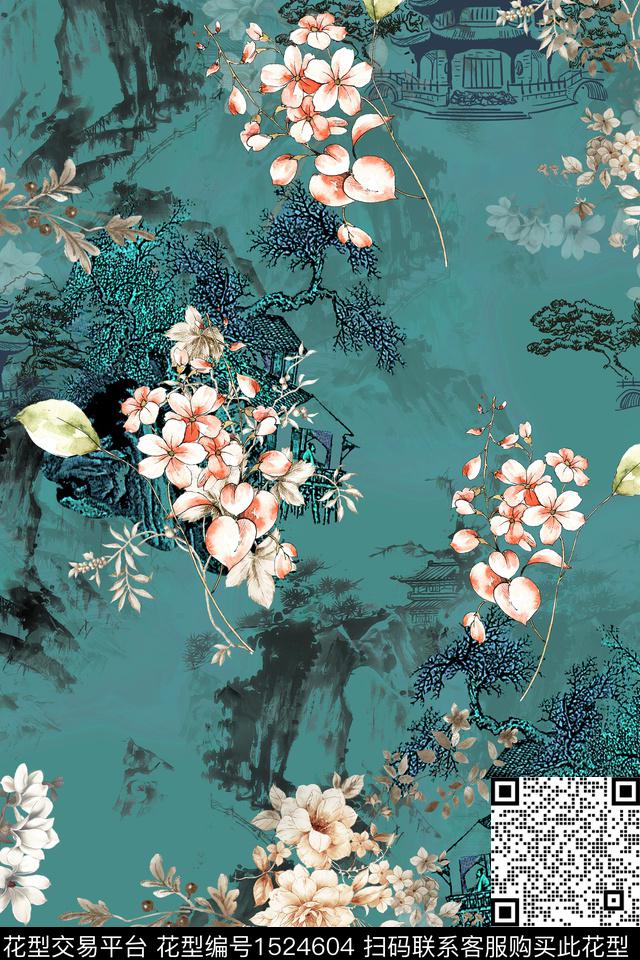 国风蓝绿色（40×60）.jpg - 1524604 - 花卉 中国 国画 - 数码印花花型 － 女装花型设计 － 瓦栏