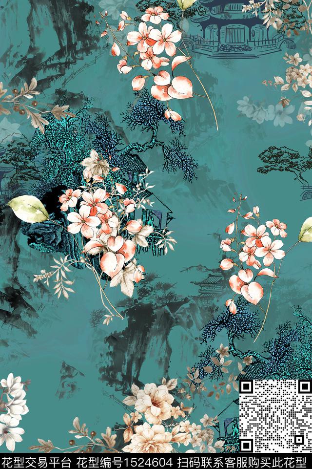 花卉中国风国画数码印花花型下载（图片编号: 1524604） - 瓦栏（Walan）