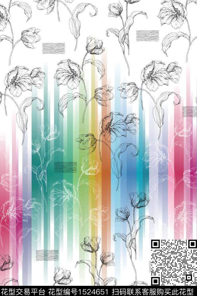 渐变线条＋花卉.jpg - 1524651 - 线条 花卉 渐变 - 数码印花花型 － 女装花型设计 － 瓦栏