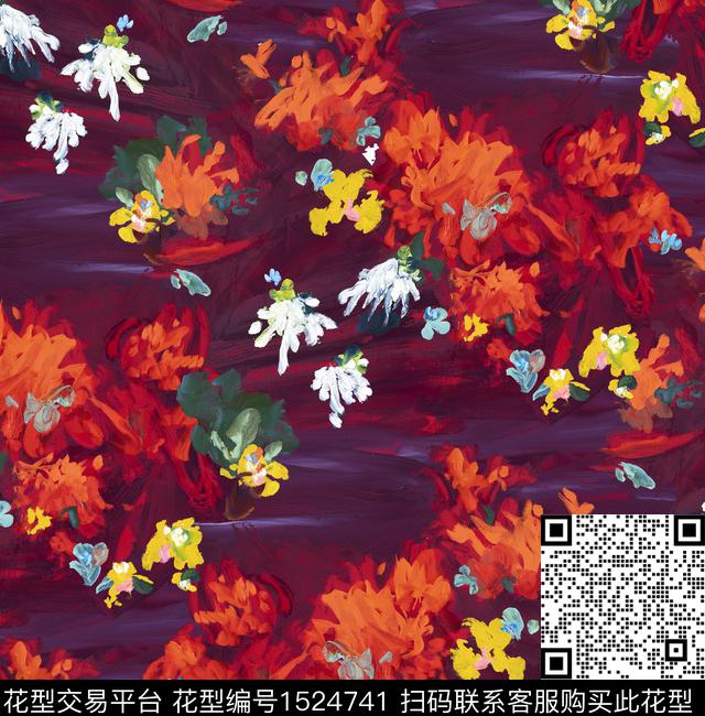 抽象花卉油画花型大花数码印花花型下载（图片编号: 1524741） - 瓦栏（Walan）