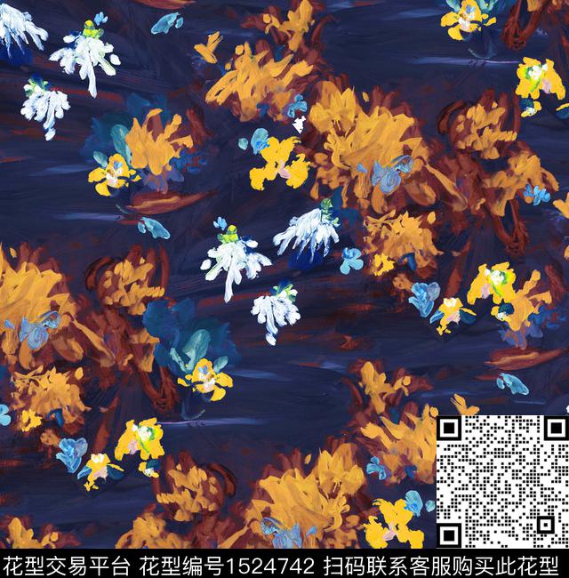 抽象花卉油画花型郁金香数码印花花型下载（图片编号: 1524742） - 瓦栏（Walan）