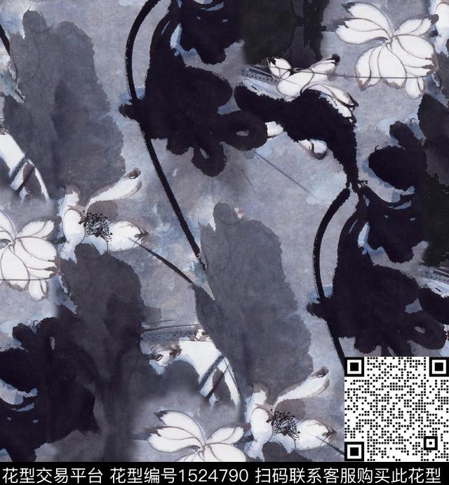 荷花水墨风黑白灰数码印花花型下载（图片编号: 1524790） - 瓦栏（Walan）