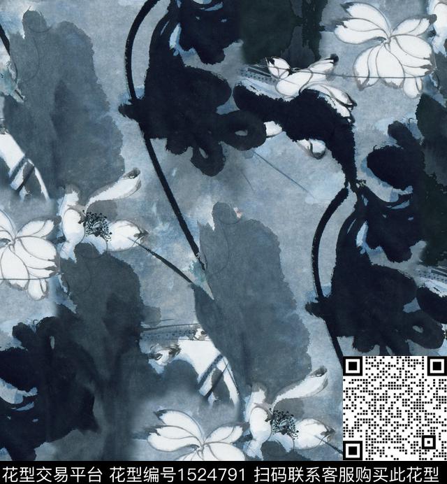 荷花水墨风黑白灰数码印花花型下载（图片编号: 1524791） - 瓦栏（Walan）