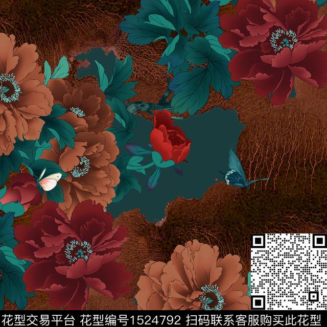 旗袍香云纱牡丹数码印花花型下载（图片编号: 1524792） - 瓦栏（Walan）