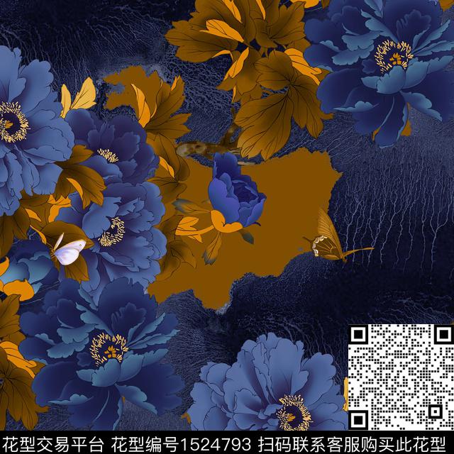 旗袍香云纱牡丹数码印花花型下载（图片编号: 1524793） - 瓦栏（Walan）