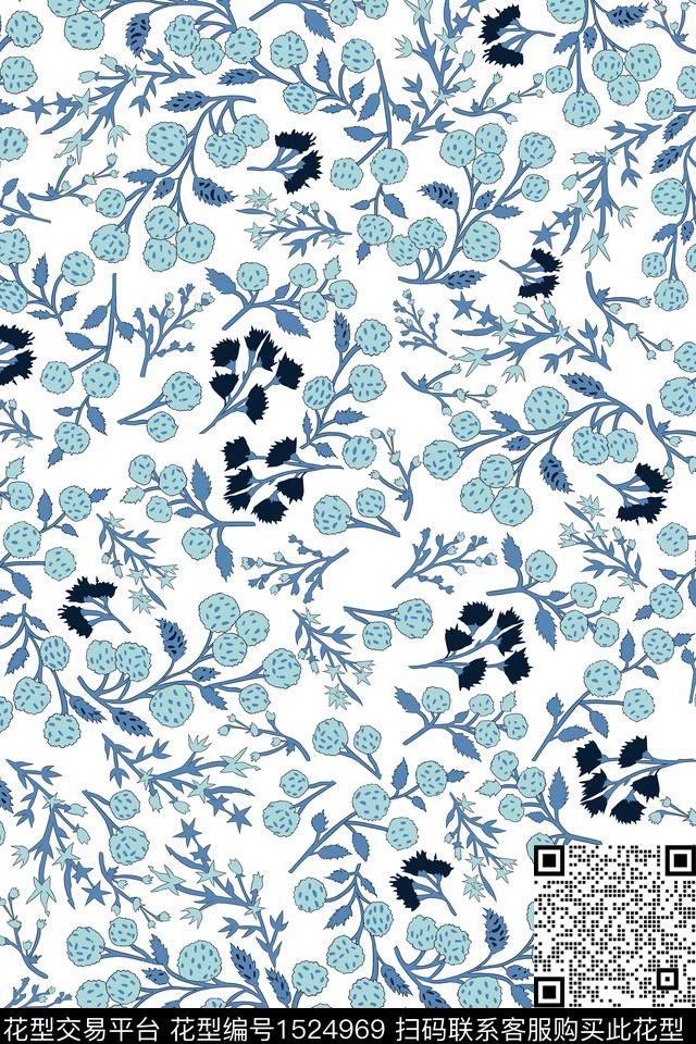 蓝色花卉小碎花数码印花花型下载（图片编号: 1524969） - 瓦栏（Walan）