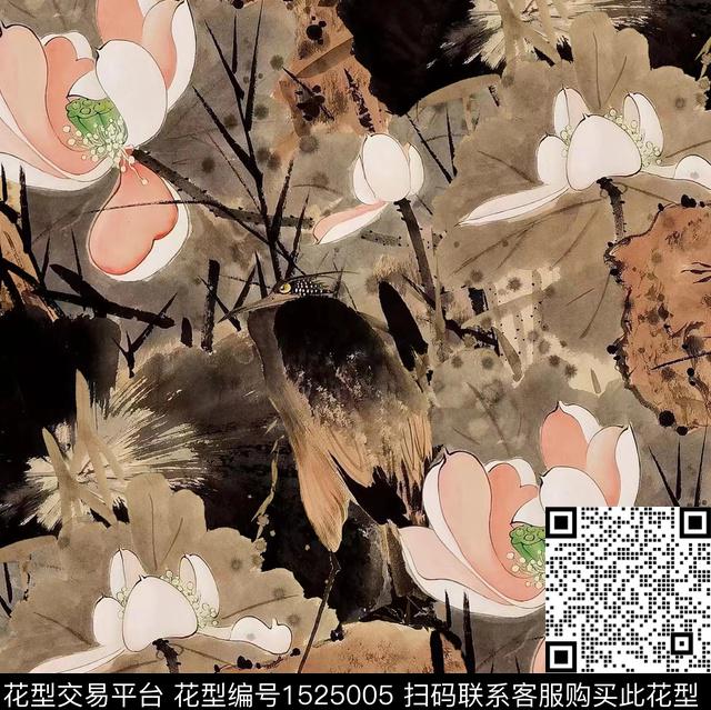 荷花水墨风国风数码印花花型下载（图片编号: 1525005） - 瓦栏（Walan）