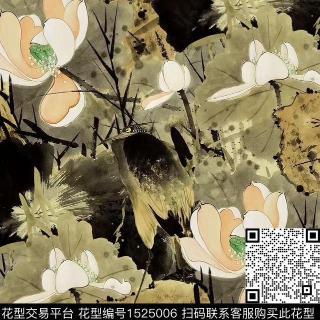 荷花水墨风国风数码印花花型下载（图片编号: 1525006） - 瓦栏（Walan）