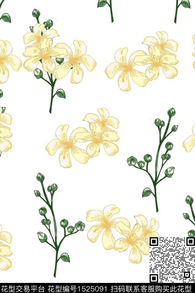 花卉清爽底花卉绿植树叶数码印花花型下载（图片编号: 1525091） - 瓦栏（Walan）