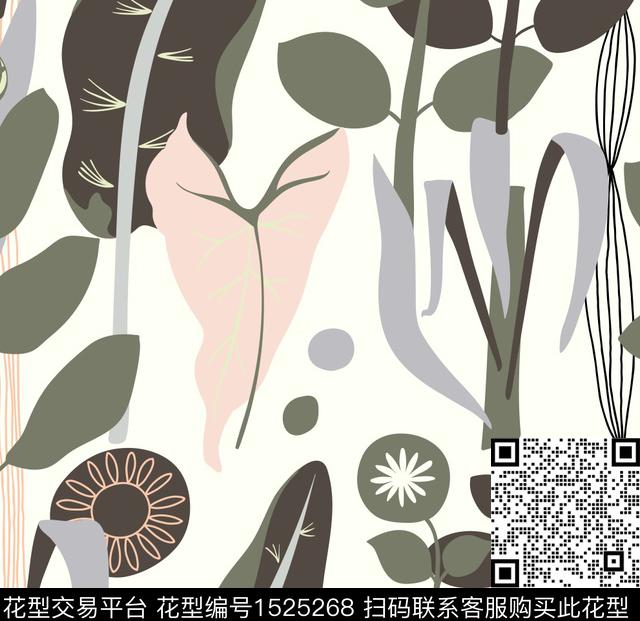 热带植物1.4.jpg - 1525268 - 绿植树叶 花卉 大牌风 - 数码印花花型 － 窗帘花型设计 － 瓦栏