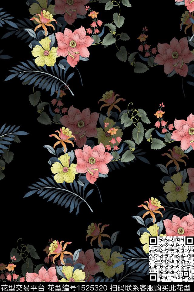 XZ4318.jpg - 1525320 - 时尚 黑底花卉 花卉 - 数码印花花型 － 女装花型设计 － 瓦栏