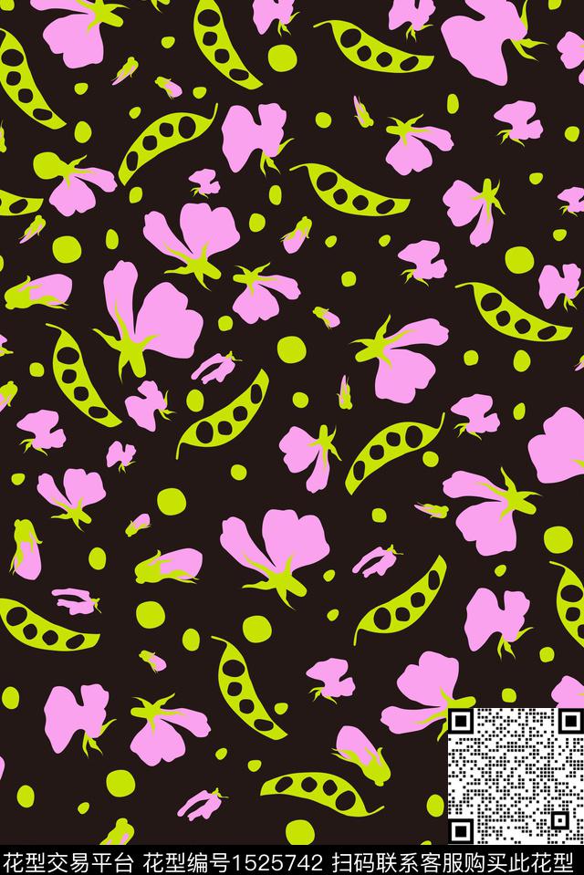 豌小豆.jpg - 1525742 - 黑底花卉 复古 花卉 - 数码印花花型 － 女装花型设计 － 瓦栏