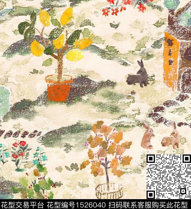 狐狸兔子房子数码印花花型下载（图片编号: 1526040） - 瓦栏（Walan）