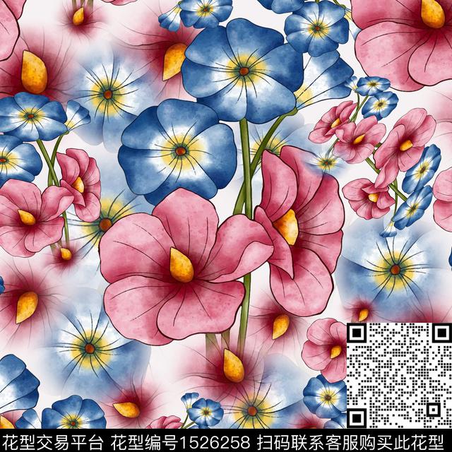 花卉水彩花卉渐变数码印花花型下载（图片编号: 1526258） - 瓦栏（Walan）