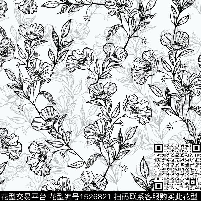 线条花花卉抽象花卉数码印花花型下载（图片编号: 1526821） - 瓦栏（Walan）