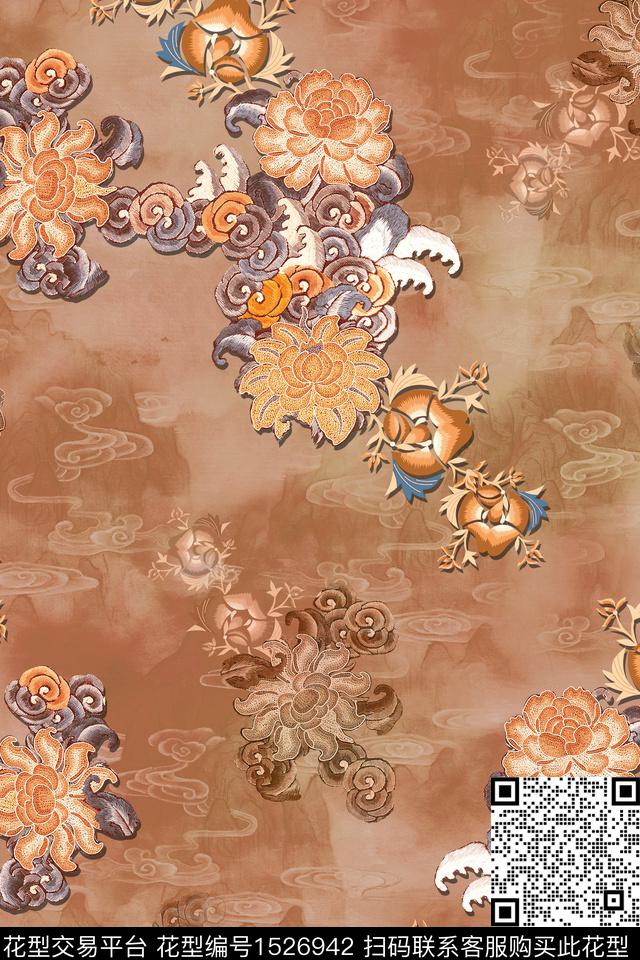 香云纱中国风复古旗袍花数码印花花型下载（图片编号: 1526942） - 瓦栏（Walan）