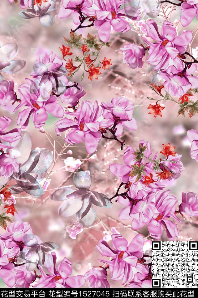 2302002.jpg - 1527045 - 大花 花卉 绿植树叶 - 数码印花花型 － 女装花型设计 － 瓦栏