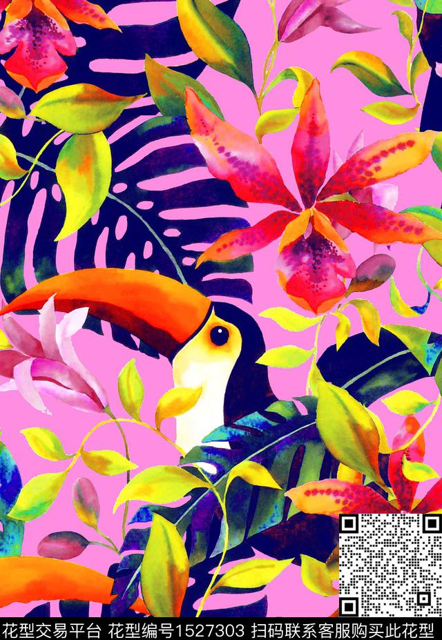 ZZ266 var2 pat.jpg - 1527303 - 花卉 鸟 热带花型 - 数码印花花型 － 女装花型设计 － 瓦栏