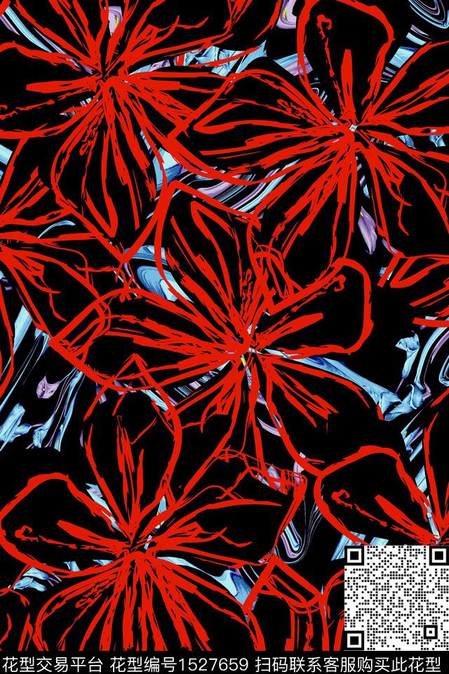 花卉女装红花数码印花花型下载（图片编号: 1527659） - 瓦栏（Walan）