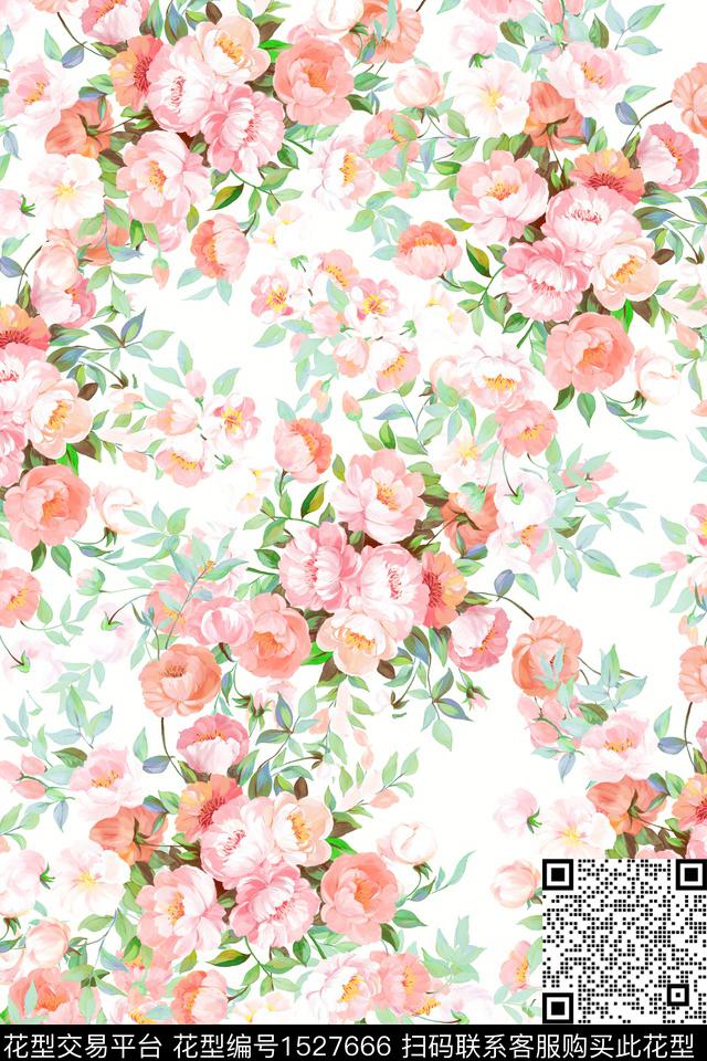 清爽底花卉水彩春夏花型数码印花花型下载（图片编号: 1527666） - 瓦栏（Walan）