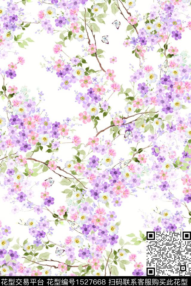 清爽底花卉水彩春夏花型数码印花花型下载（图片编号: 1527668） - 瓦栏（Walan）