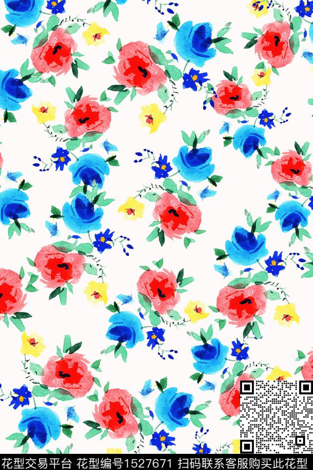 清爽底花卉水彩春夏花型数码印花花型下载（图片编号: 1527671） - 瓦栏（Walan）