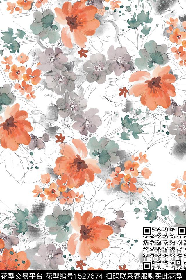 清爽底花卉水彩春夏花型数码印花花型下载（图片编号: 1527674） - 瓦栏（Walan）