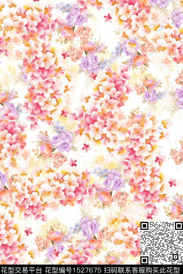 清爽底花卉水彩春夏花型数码印花花型下载（图片编号: 1527675） - 瓦栏（Walan）