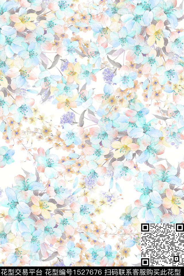 清爽底花卉水彩春夏花型数码印花花型下载（图片编号: 1527676） - 瓦栏（Walan）